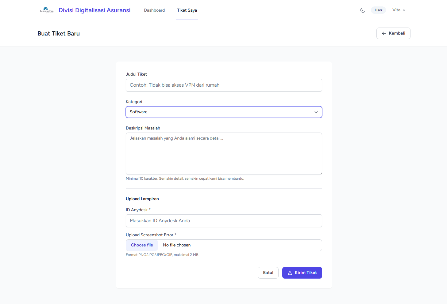Form pembuatan tiket IT Helpdesk