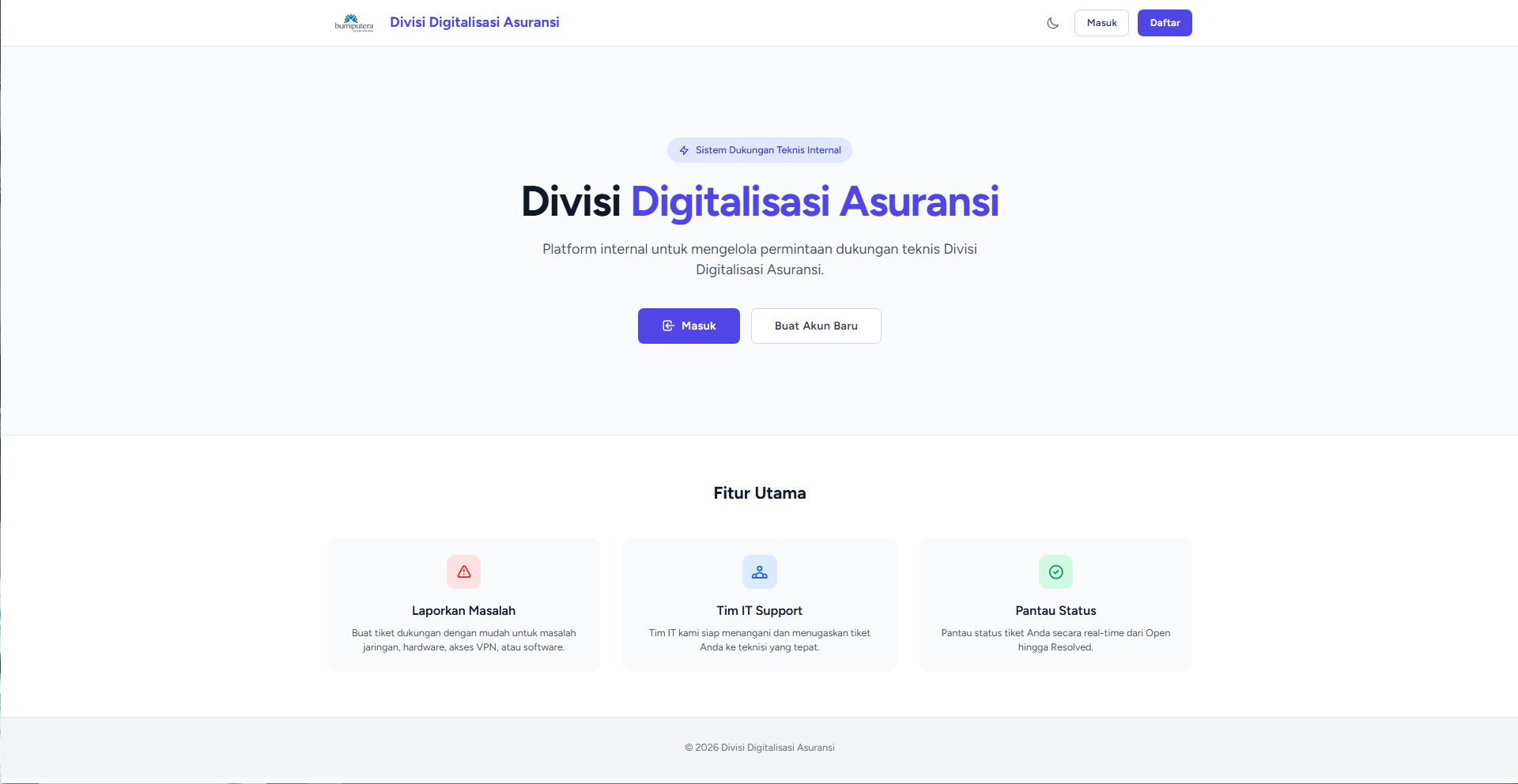 Halaman utama aplikasi IT Helpdesk